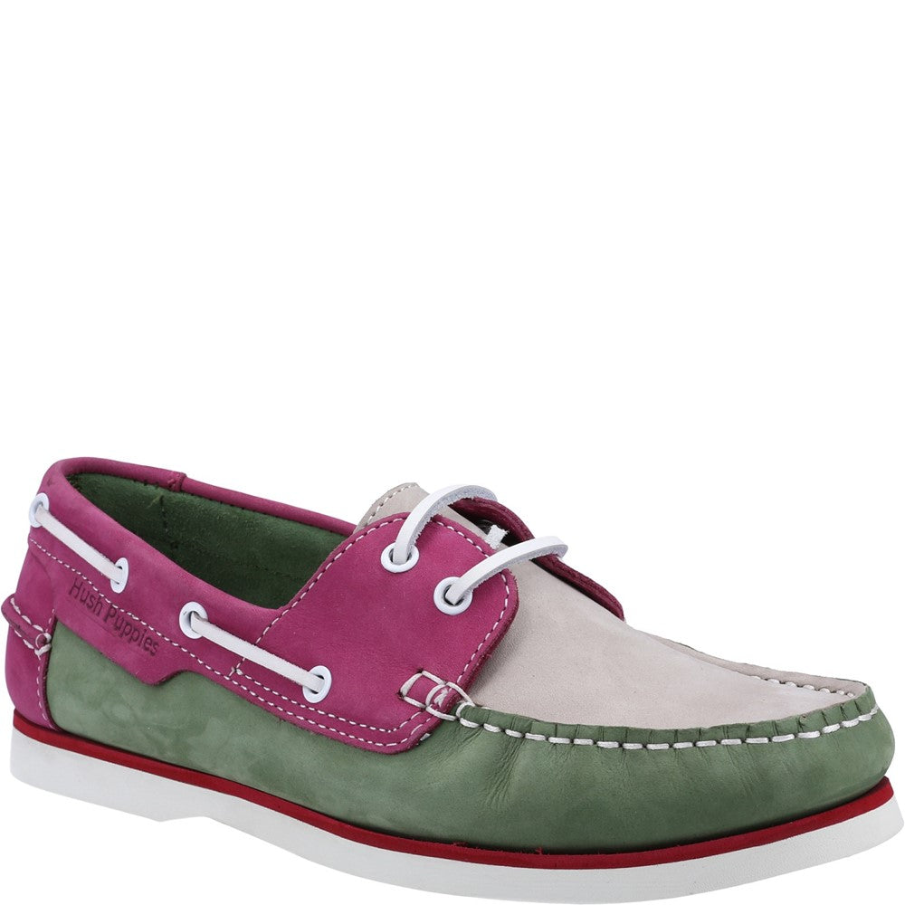 Slip On Ladies Shoes Green/Pink Hush Puppies Hattie Boat Shoe