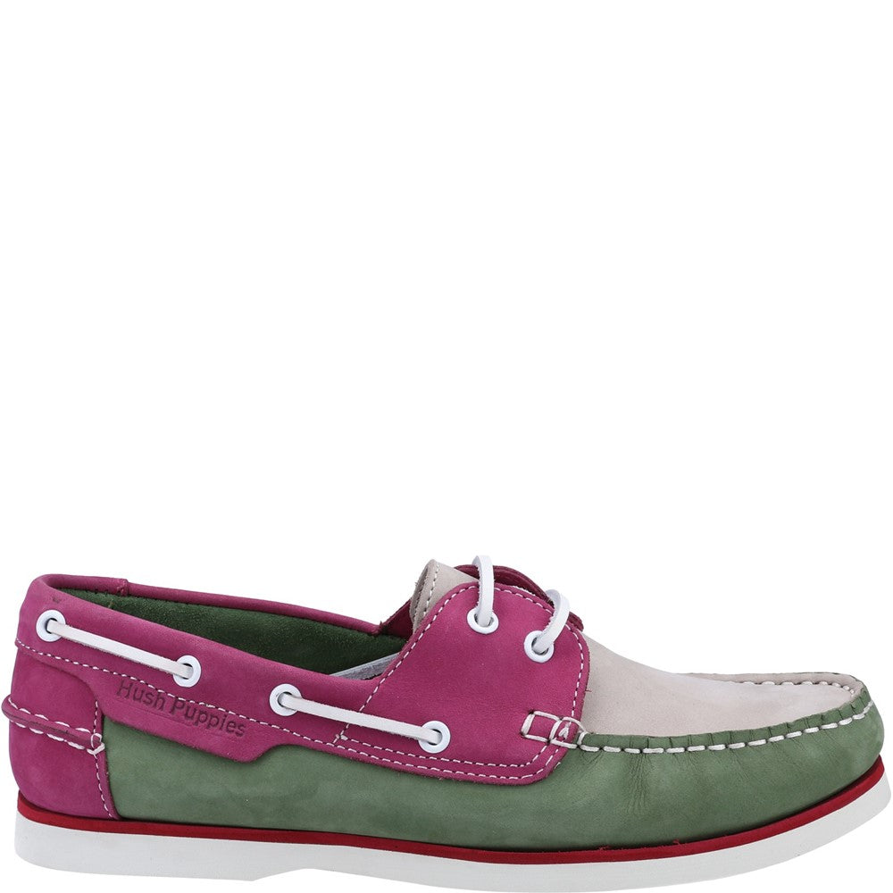 Slip On Ladies Shoes Green/Pink Hush Puppies Hattie Boat Shoe